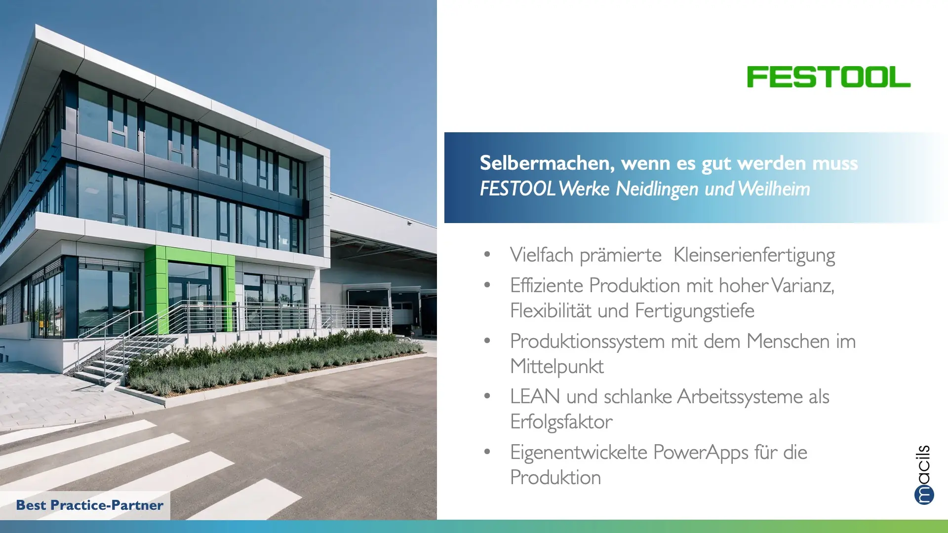 Festool Werk mit moderner Industriearchitektur und Produktionsstandort für effiziente Fertigung in Deutschland