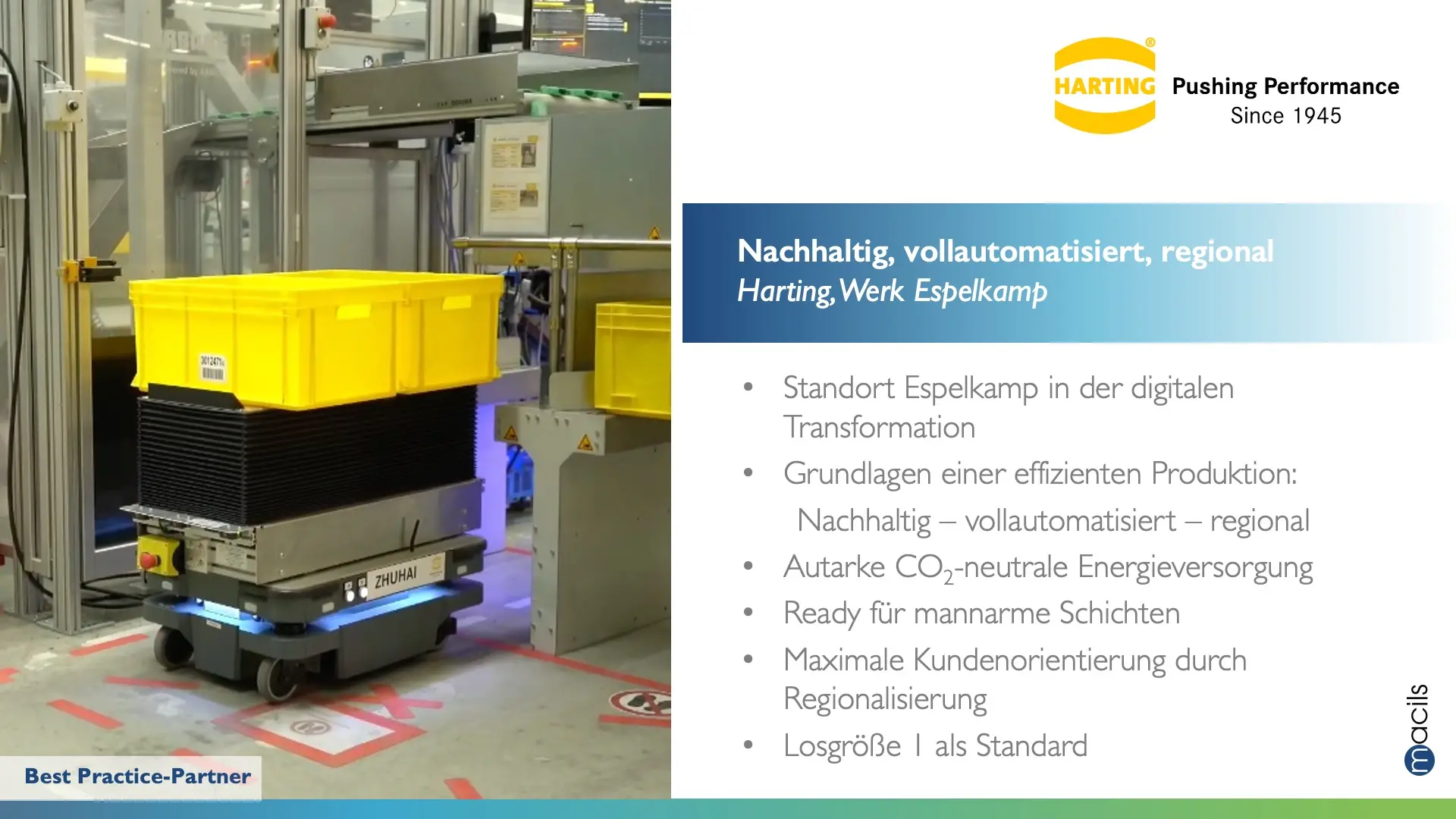 Harting Werk Espelkamp mit fahrerlosem Transportsystem und automatisierter Produktion in moderner Industrieumgebung