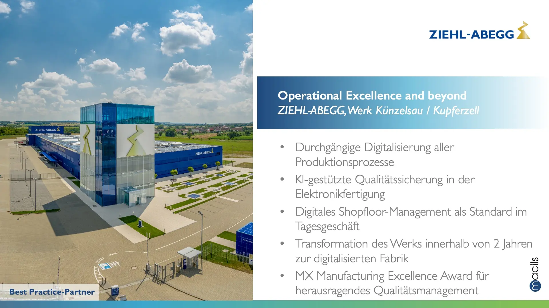 Ziehl-Abegg Werk mit moderner Industrieanlage, digitalisierten Produktionsprozessen und Unternehmensstandort im ländlichen Umfeld