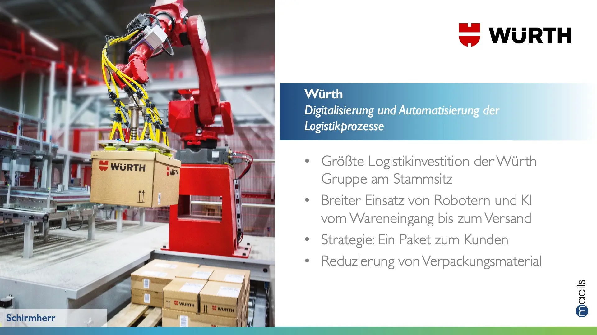 Würth Logistikzentrum mit Roboterarm beim automatisierten Verpacken und digitalisierten Versandprozessen