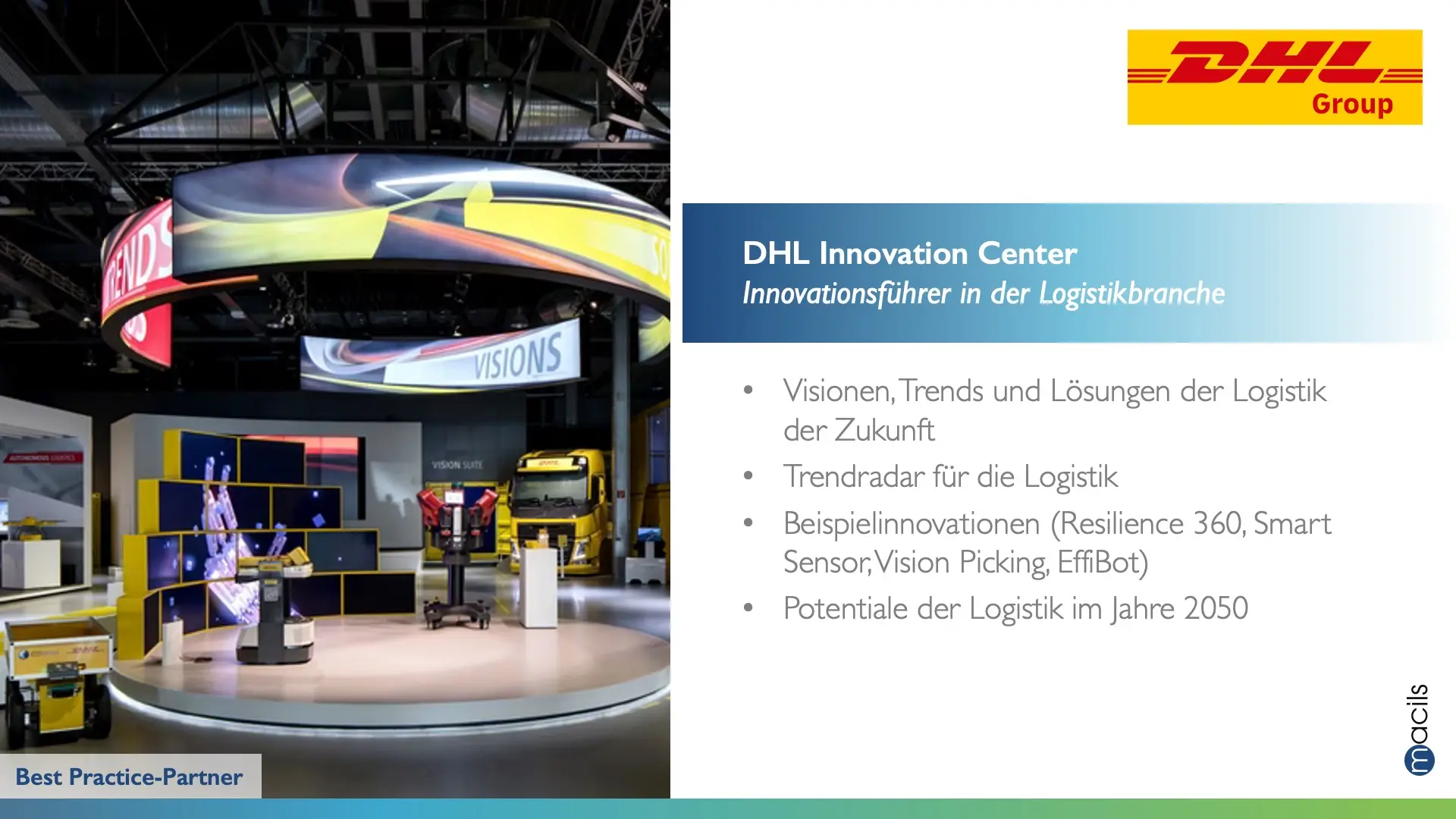 DHL Innovation Center mit moderner Ausstellung zu Logistiklösungen, Robotik und Zukunftstechnologien