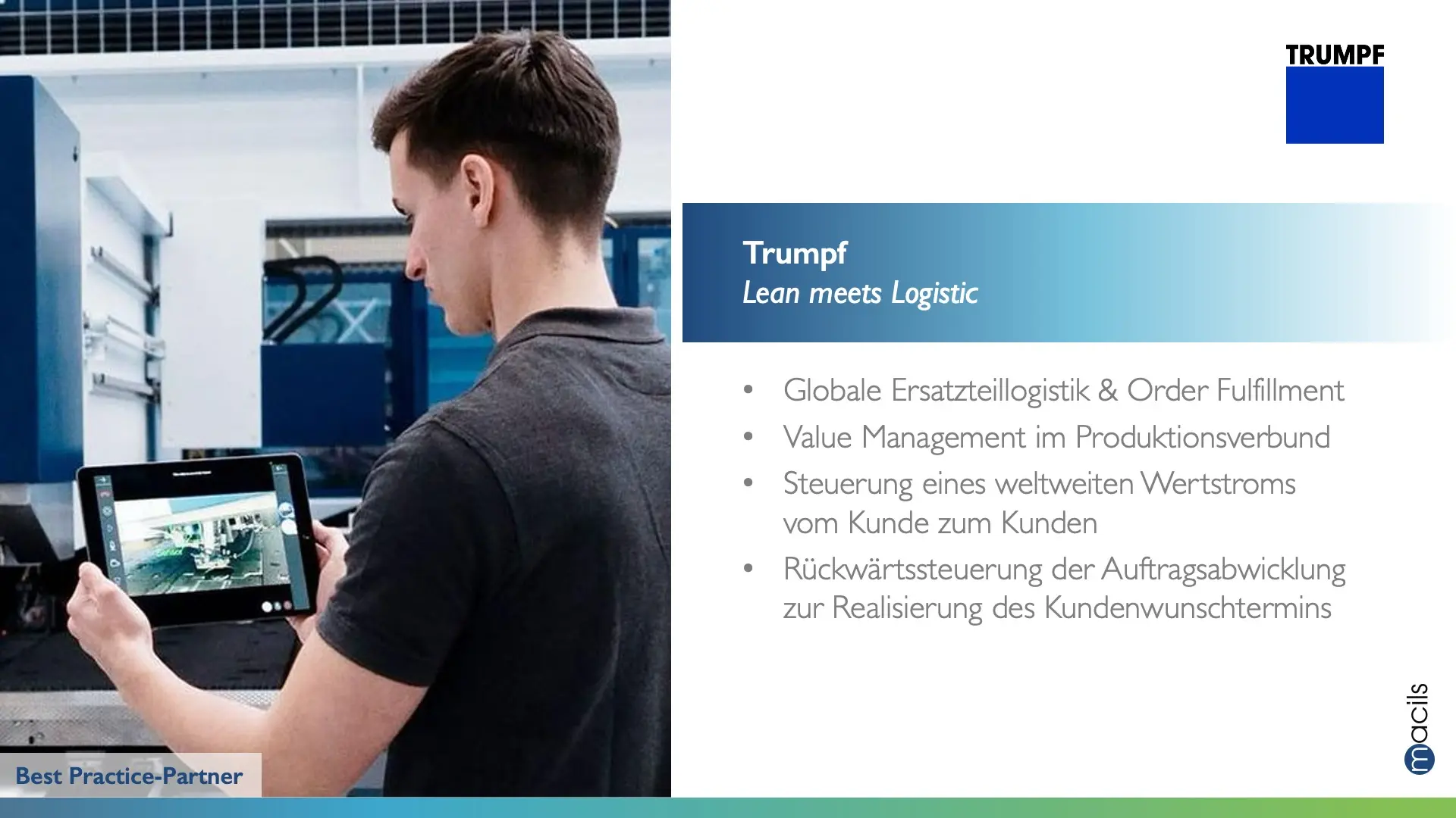 Trumpf Produktion mit Mitarbeiter und Tablet zur Steuerung digitaler Fertigungs- und Logistikprozesse