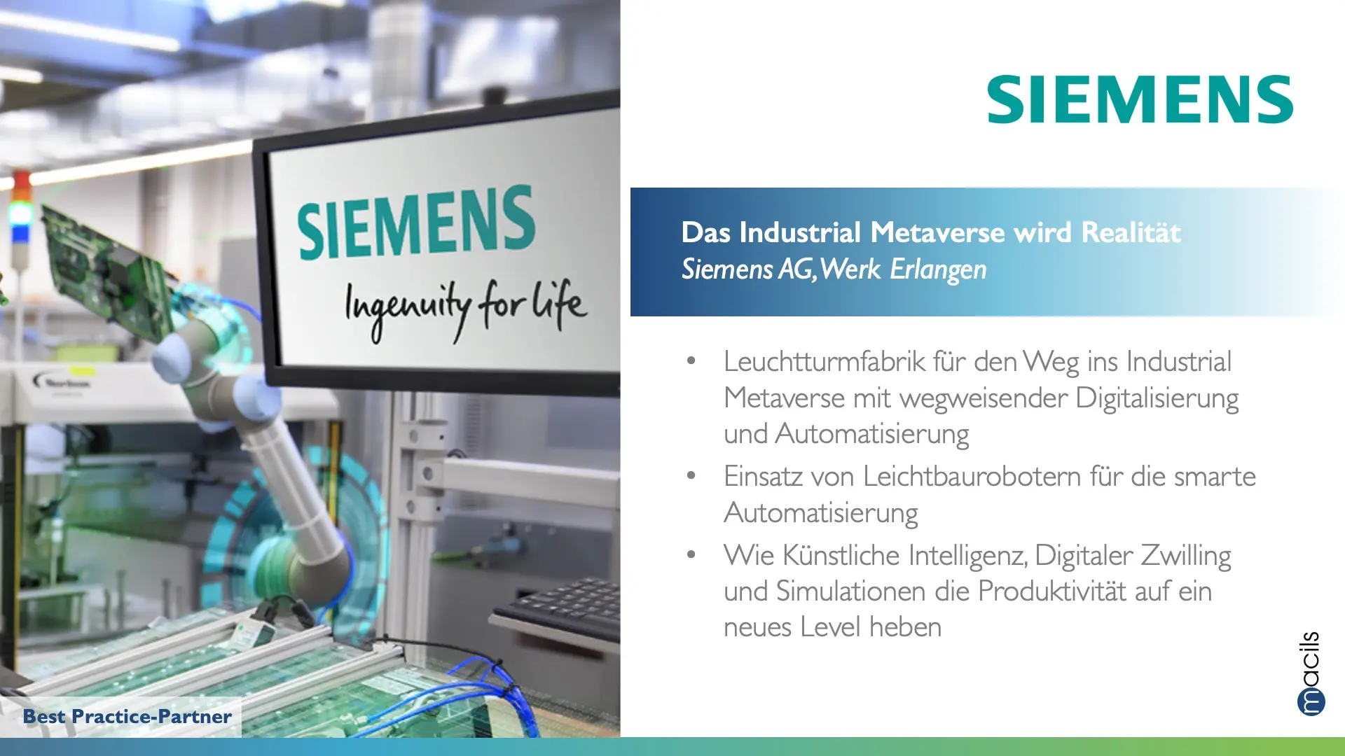 Siemens Industrieautomation mit Roboterarm, Leiterplattenfertigung und digitaler Produktion im Industrial Metaverse