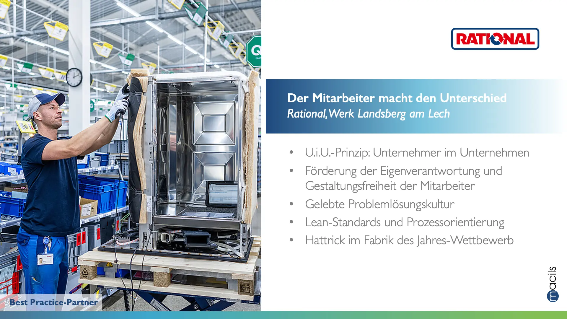 Rational Werk Landsberg mit Mitarbeiter in Montage und moderner Fertigung von Großküchengeräten